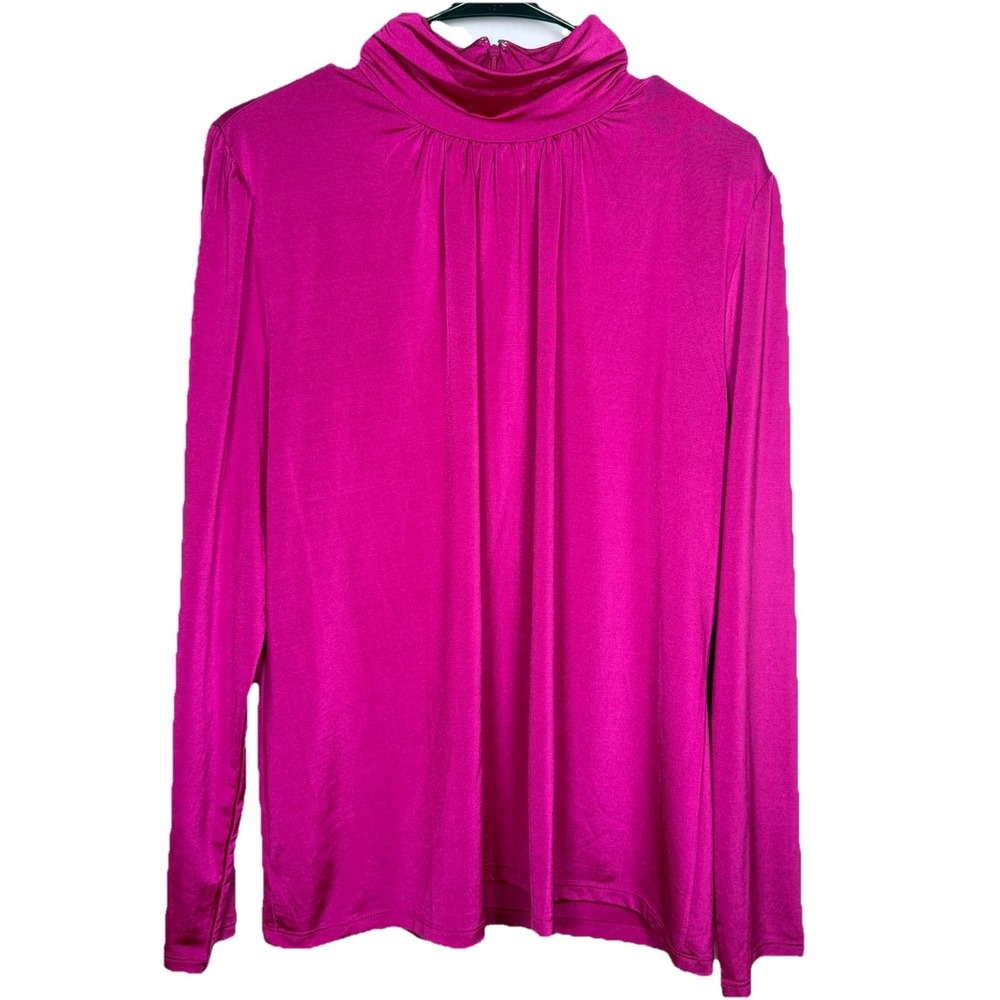 Ann Taylor Fuchsia Mock Neck Satin Knit Blouse XL Long Sleeve Career Top
